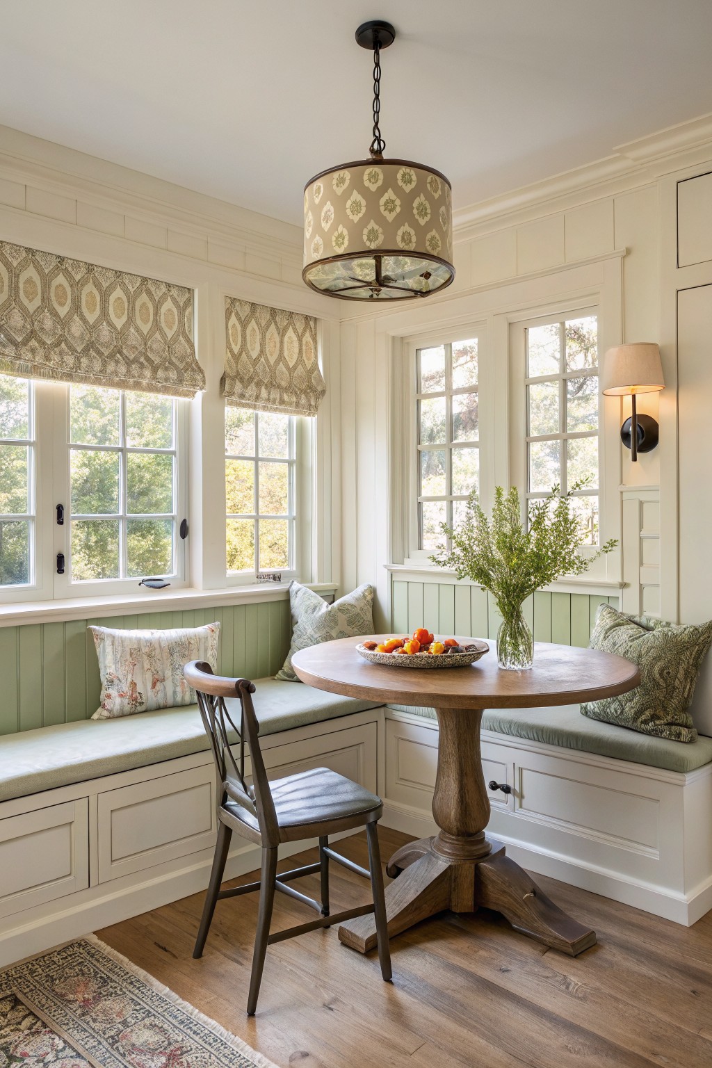 A breakfast nook with soft green wainscoting and white trim.