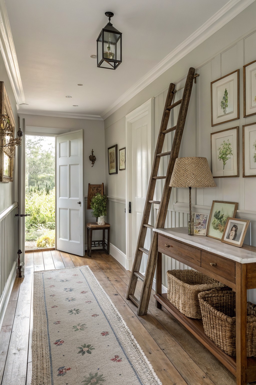 Light greige walls with white trim in a farmhouse hallway.
