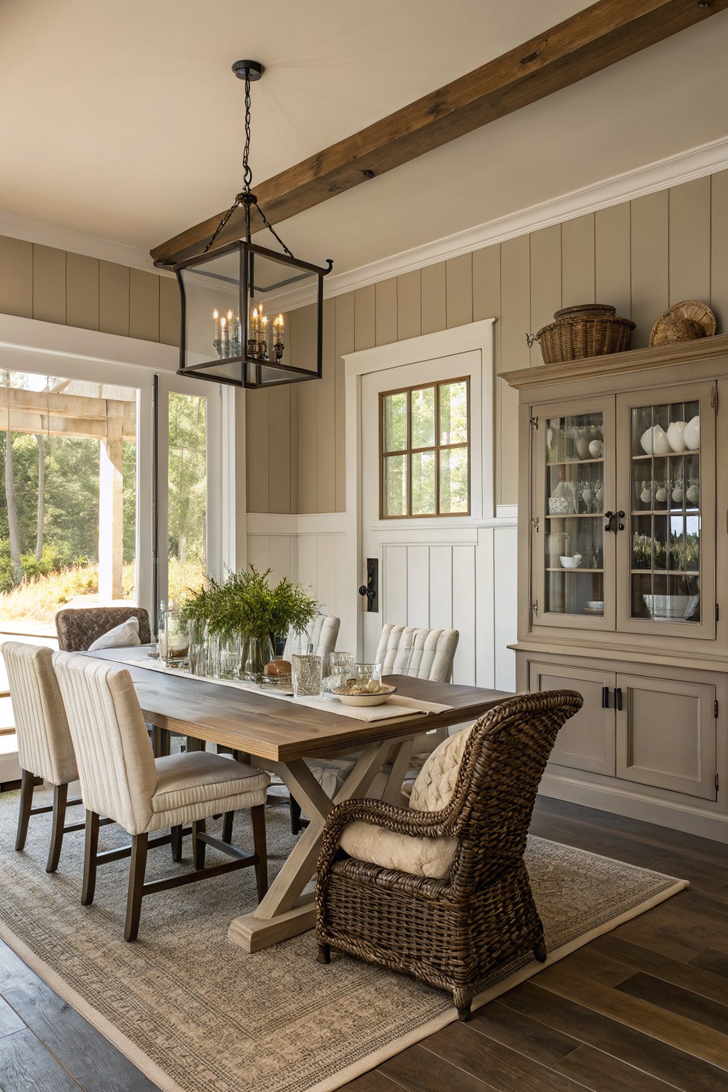 Dining room with soft greige walls and white trim.
