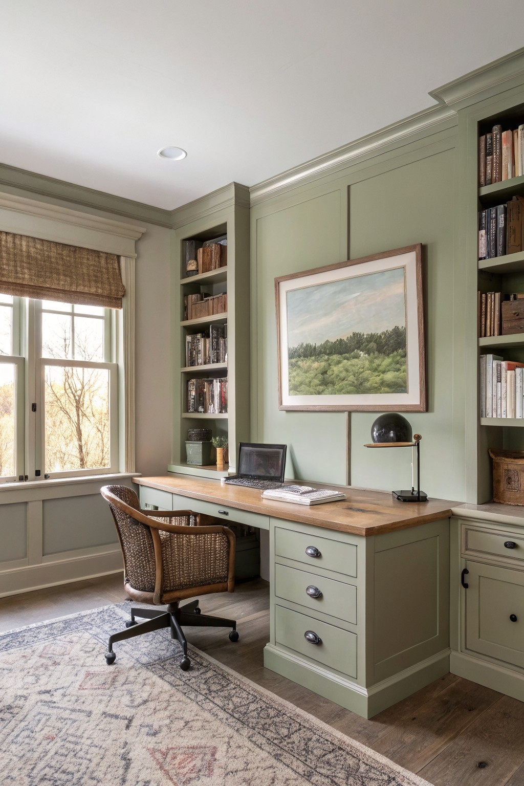 Built-in desk and shelves painted in a soft sage green with wood desktop and open shelving.