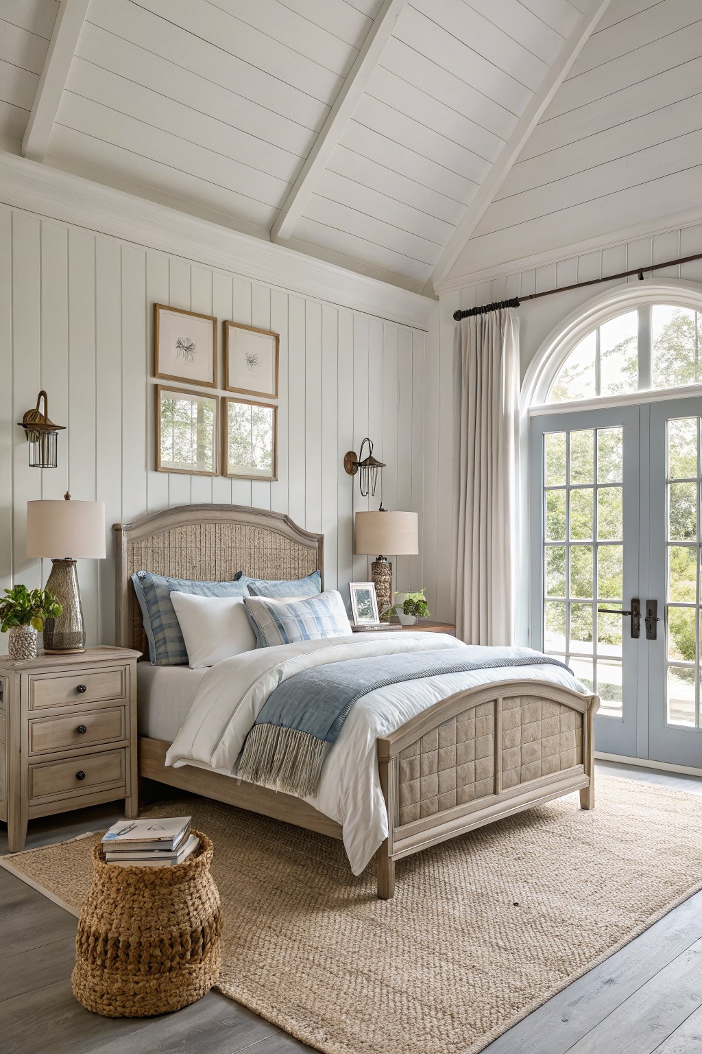 A bedroom featuring soft white walls with vertical paneling.