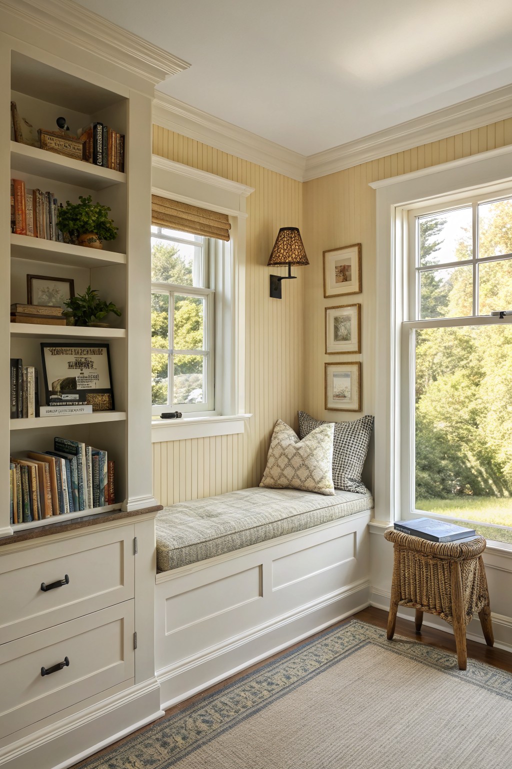 Cream painted walls with white trim and built-in shelves in a farmhouse interior.