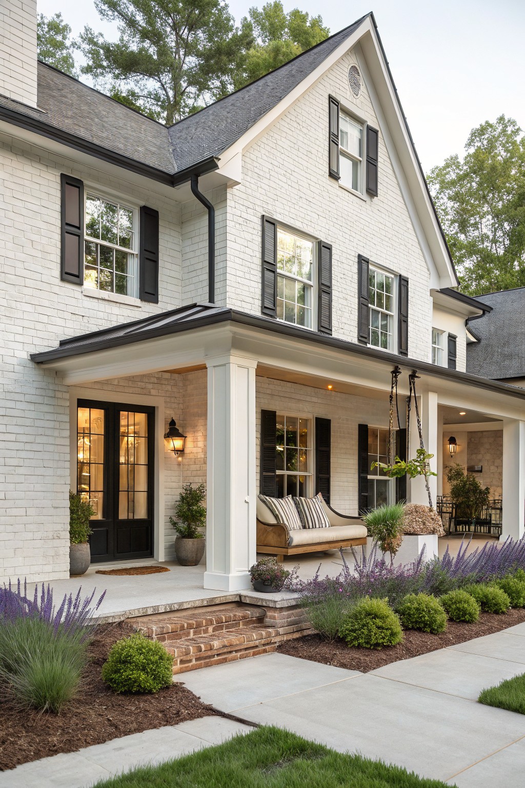White painted brick exterior with matching white trim on the porch and windows.