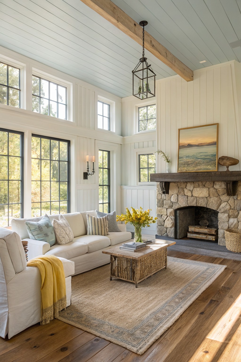 White trim and paneling in a farmhouse living room with wood floors.