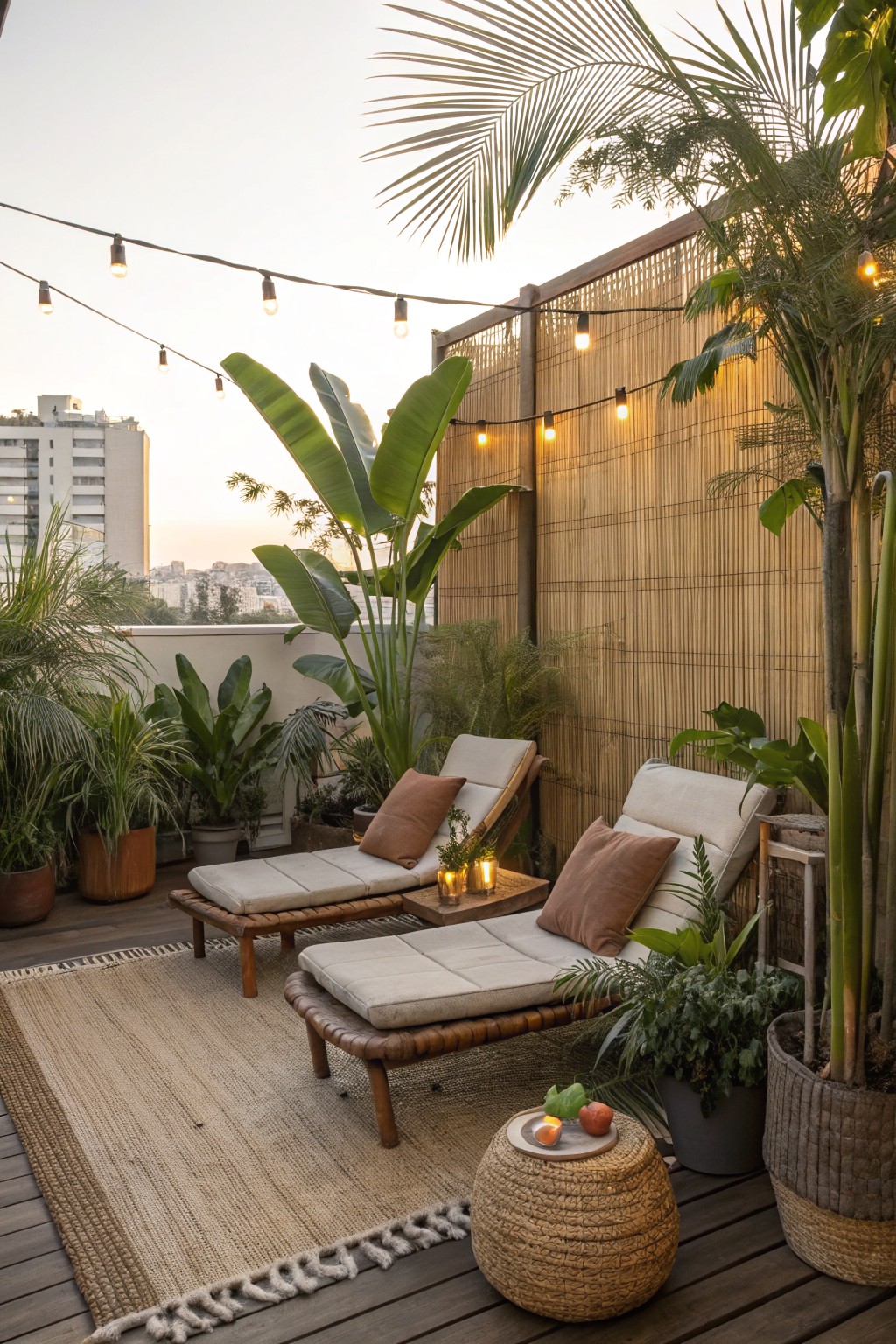 Rooftop terrace with lounge chairs, woven rug, potted plants, and string lights at dusk