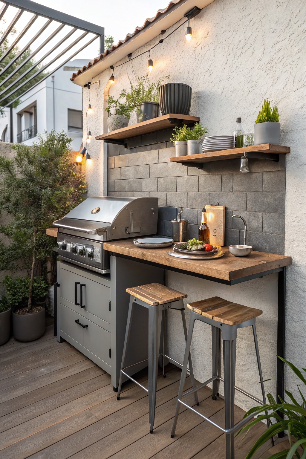 An outdoor kitchen area features a stainless steel grill built into gray cabinets with a wooden countertop, two metal bar stools with wooden seats, and wooden wall shelves holding dishes and plants against a gray tiled wall.