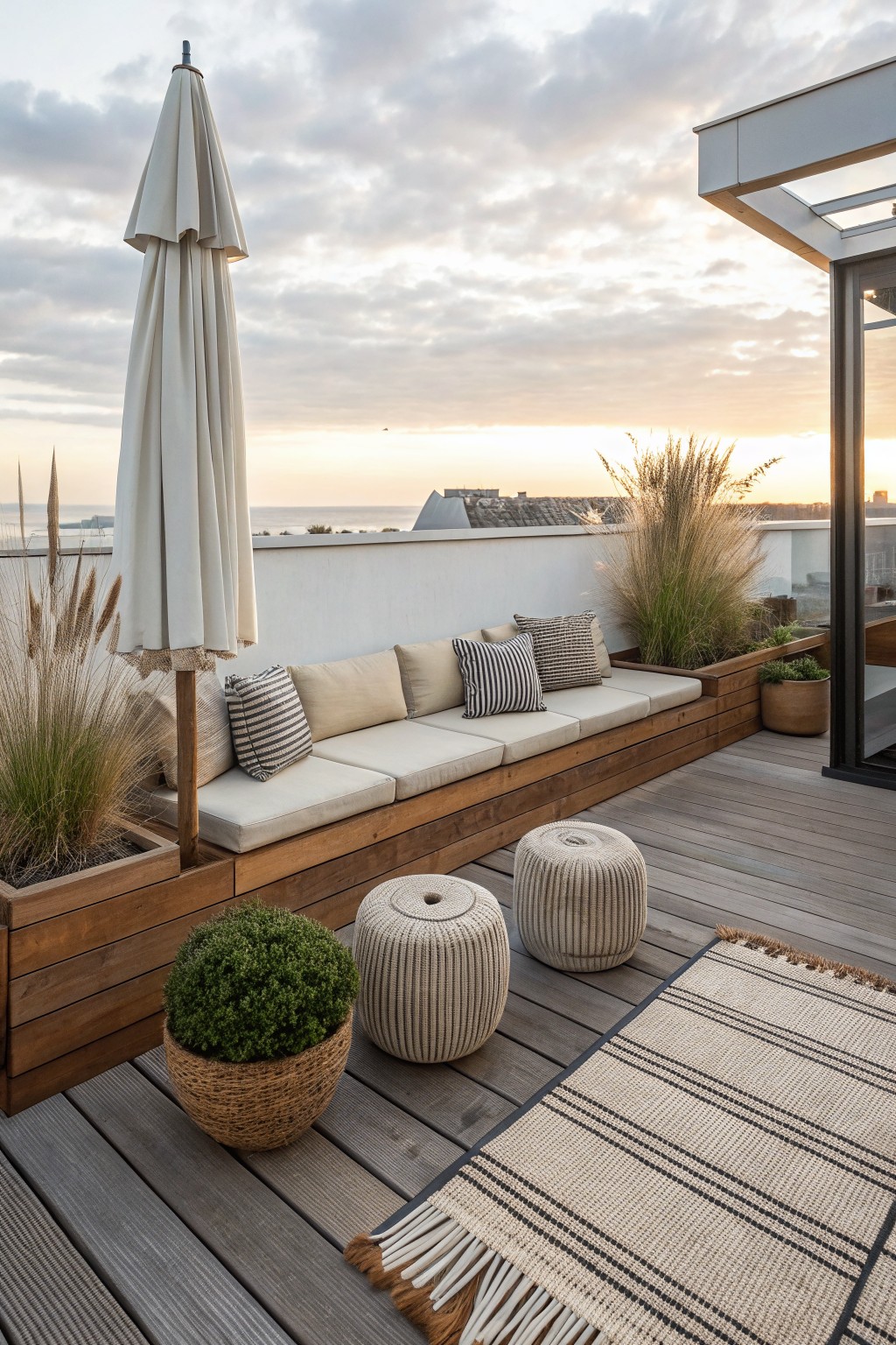 Rooftop deck with built-in wooden bench seating, woven stools, a closed umbrella, and potted plants overlooking the water at sunset.