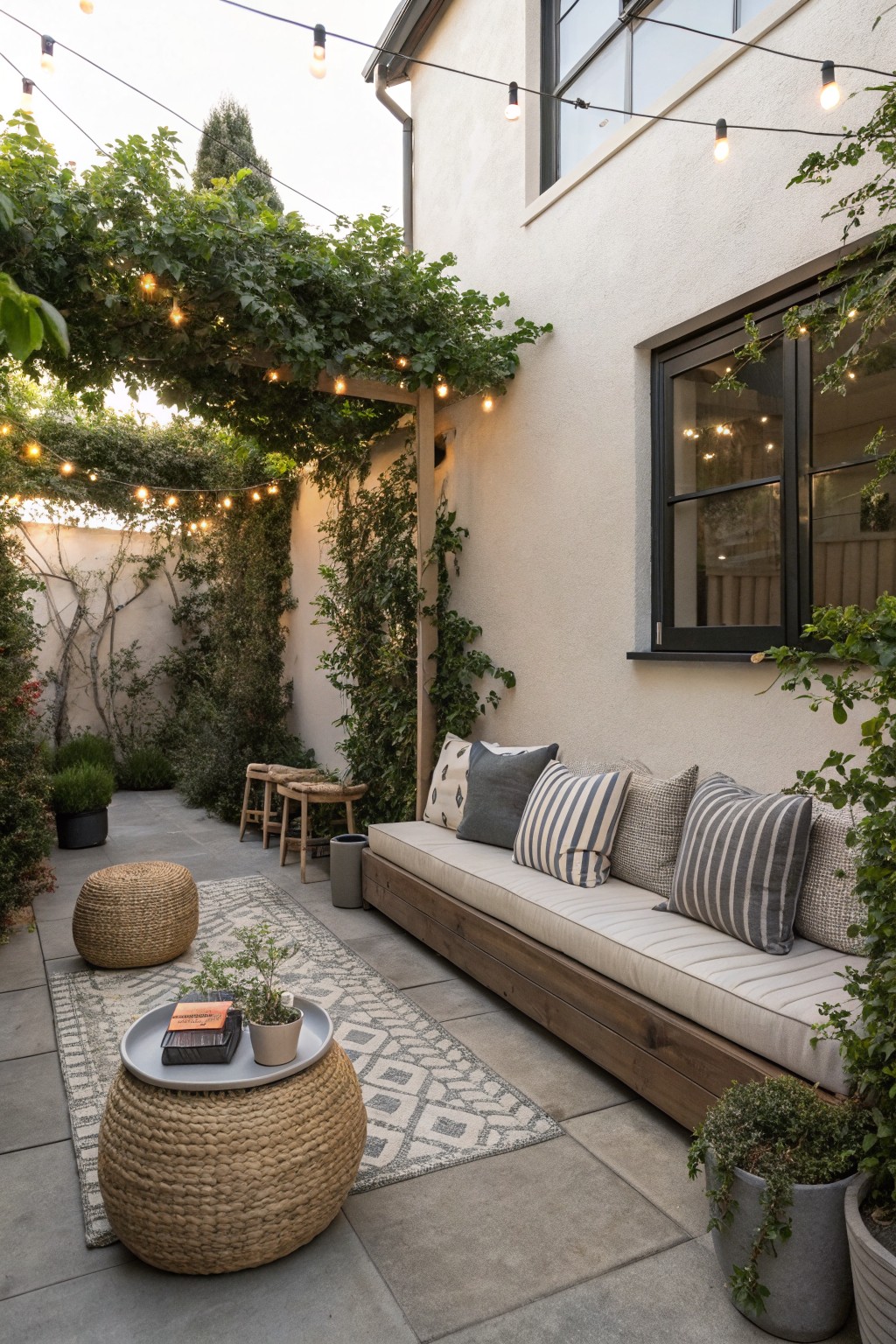 A narrow outdoor patio features a long wooden built-in bench with multiple cushions and pillows, a round woven ottoman on a patterned rug, string lights overhead, and climbing vines on the walls.