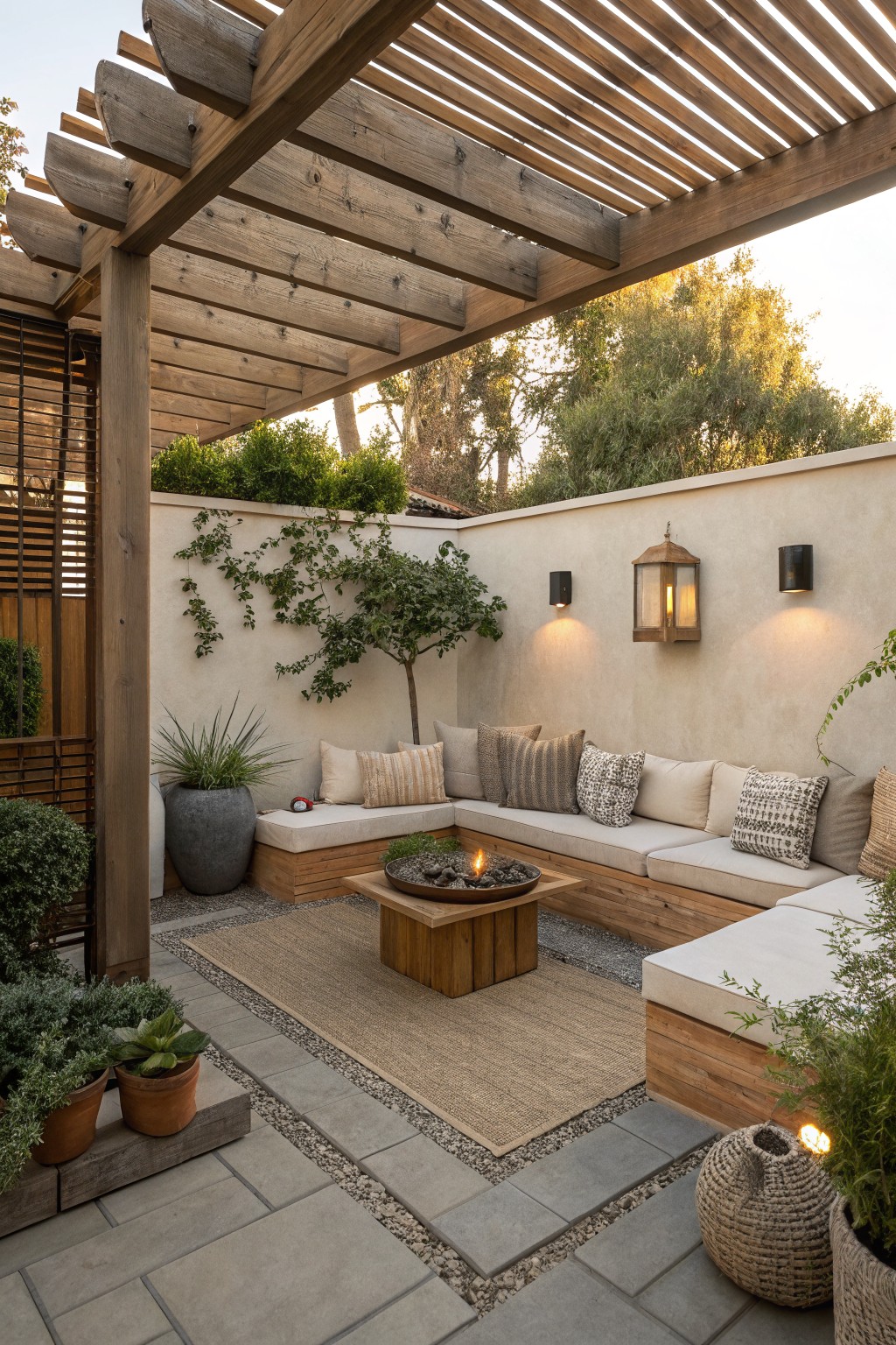 A small backyard patio with L-shaped wooden built-in seating, cushions, a central fire pit on a rug, and a wooden pergola overhead.