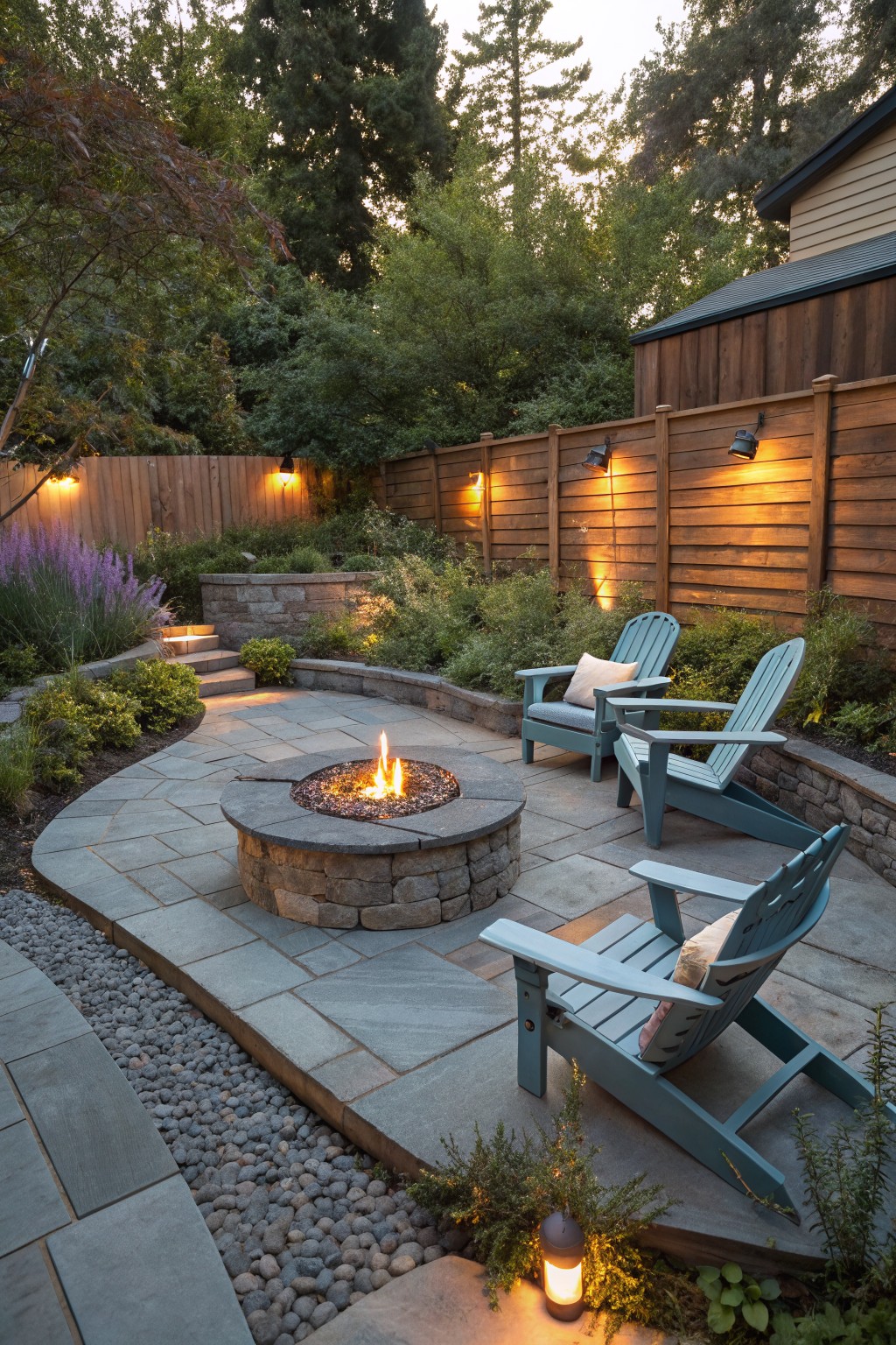 A circular stone fire pit sits at the center of a paved patio with three blue wooden chairs arranged around it, bordered by a wooden fence and garden beds.