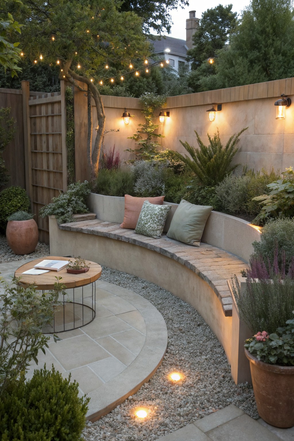 A curved built-in bench with cushions sits along a garden wall in a small backyard patio, with a round table on pavers, string lights, and surrounding plants.