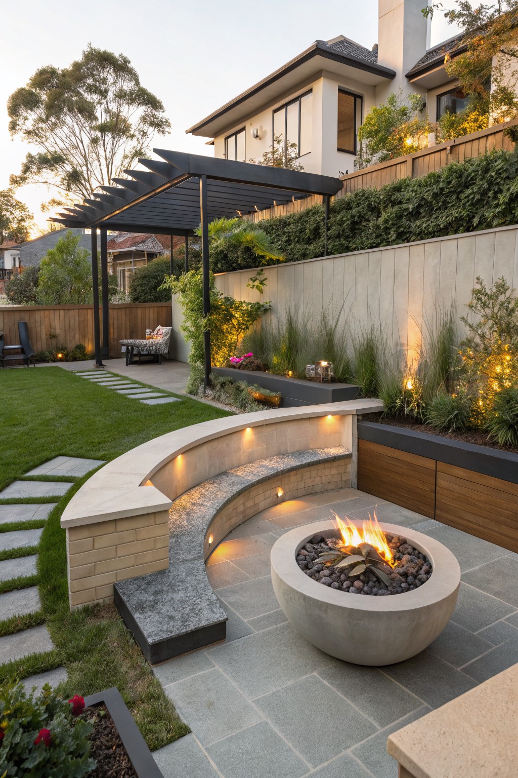 A modern backyard patio featuring a round concrete fire pit on gray pavers, enclosed by a curved built-in bench with integrated lights, adjacent to a house with a black pergola and landscaped beds.