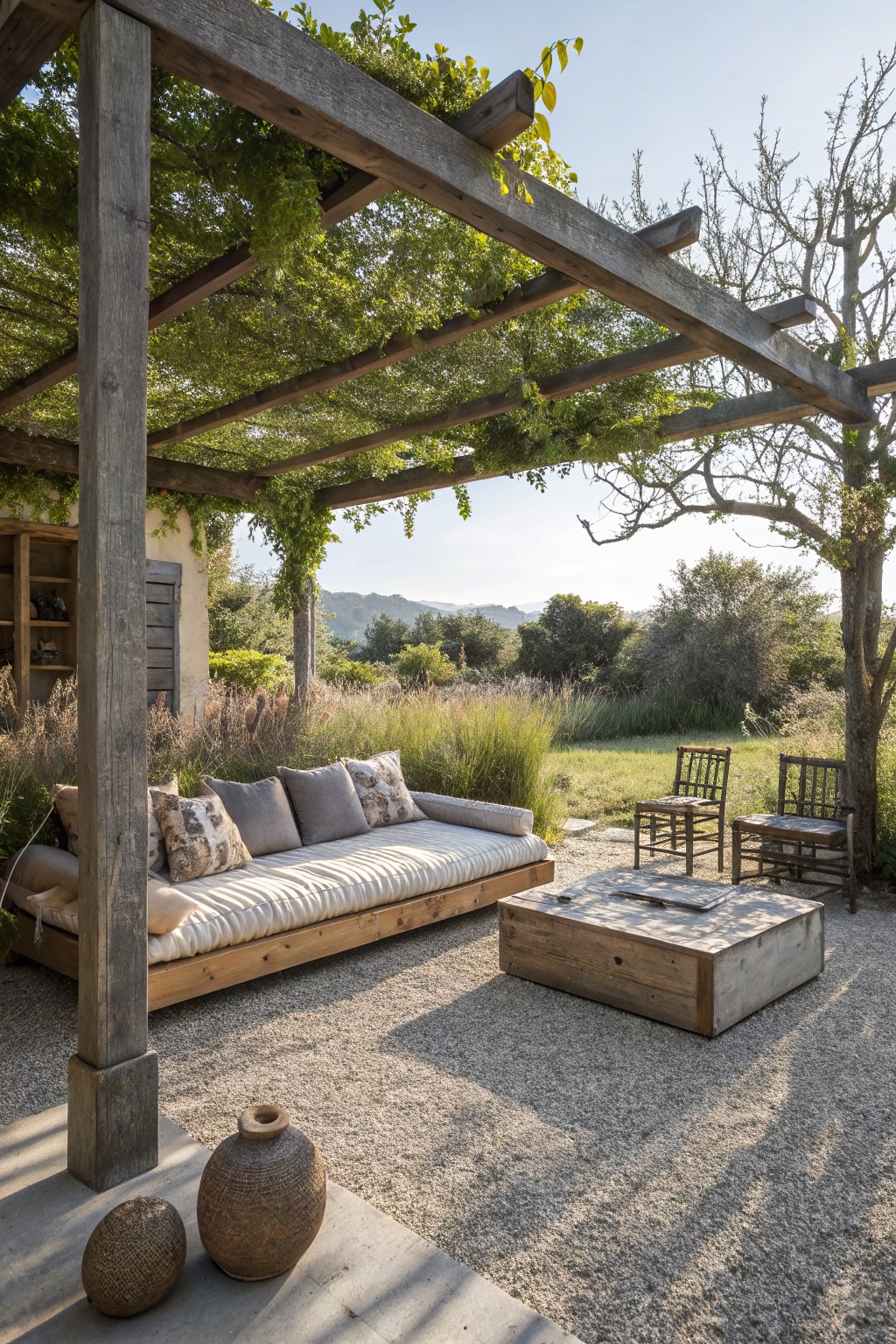 A wooden pergola with climbing vines covers a long cushioned daybed on a gravel patio beside a concrete table and two wooden chairs with a landscape view beyond.