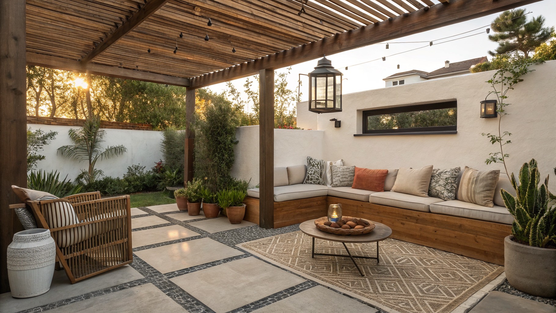 A small backyard patio with L-shaped wooden built-in seating, cushions, a central fire pit on a rug, and a wooden pergola overhead.