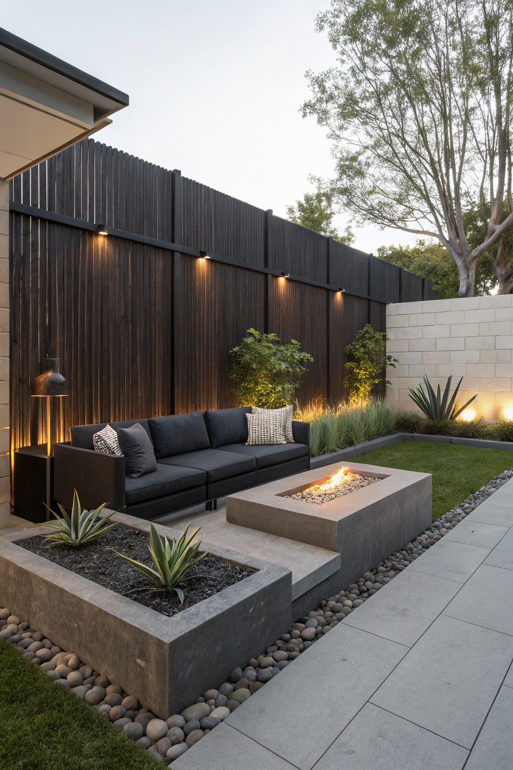 A small backyard patio shows a dark sectional sofa against a tall wooden fence, a large rectangular concrete fire pit, and two concrete planters with agave plants set in pebble ground cover.