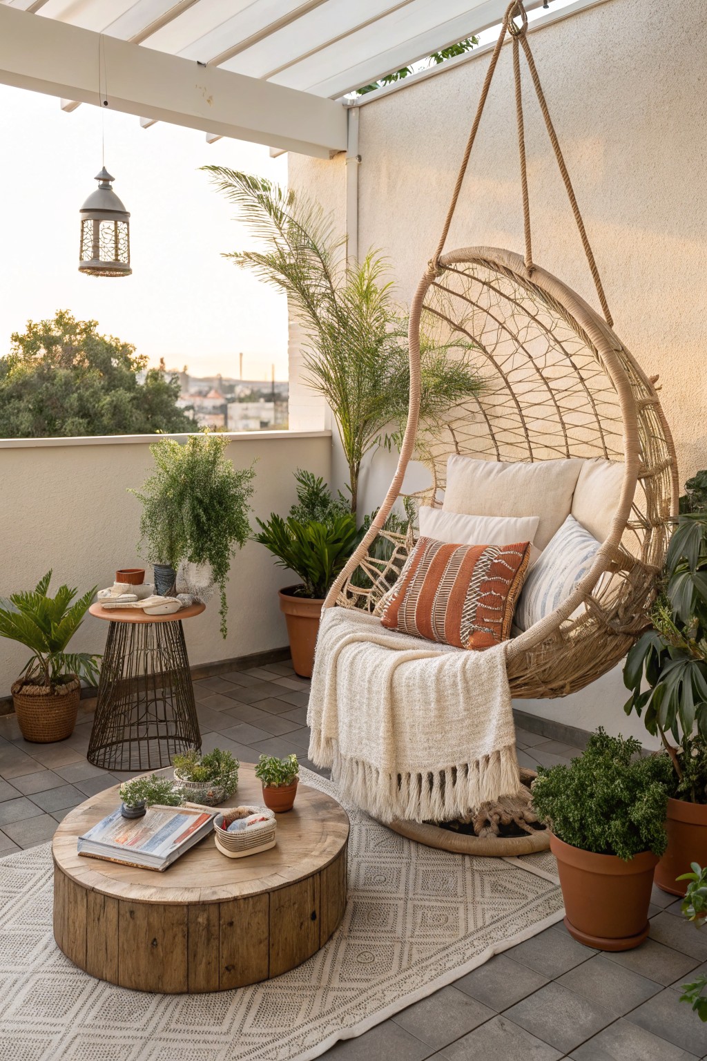 A woven hanging chair with cushions and a fringed throw sits on a patterned rug beside a round wooden coffee table on a tiled balcony with potted plants.