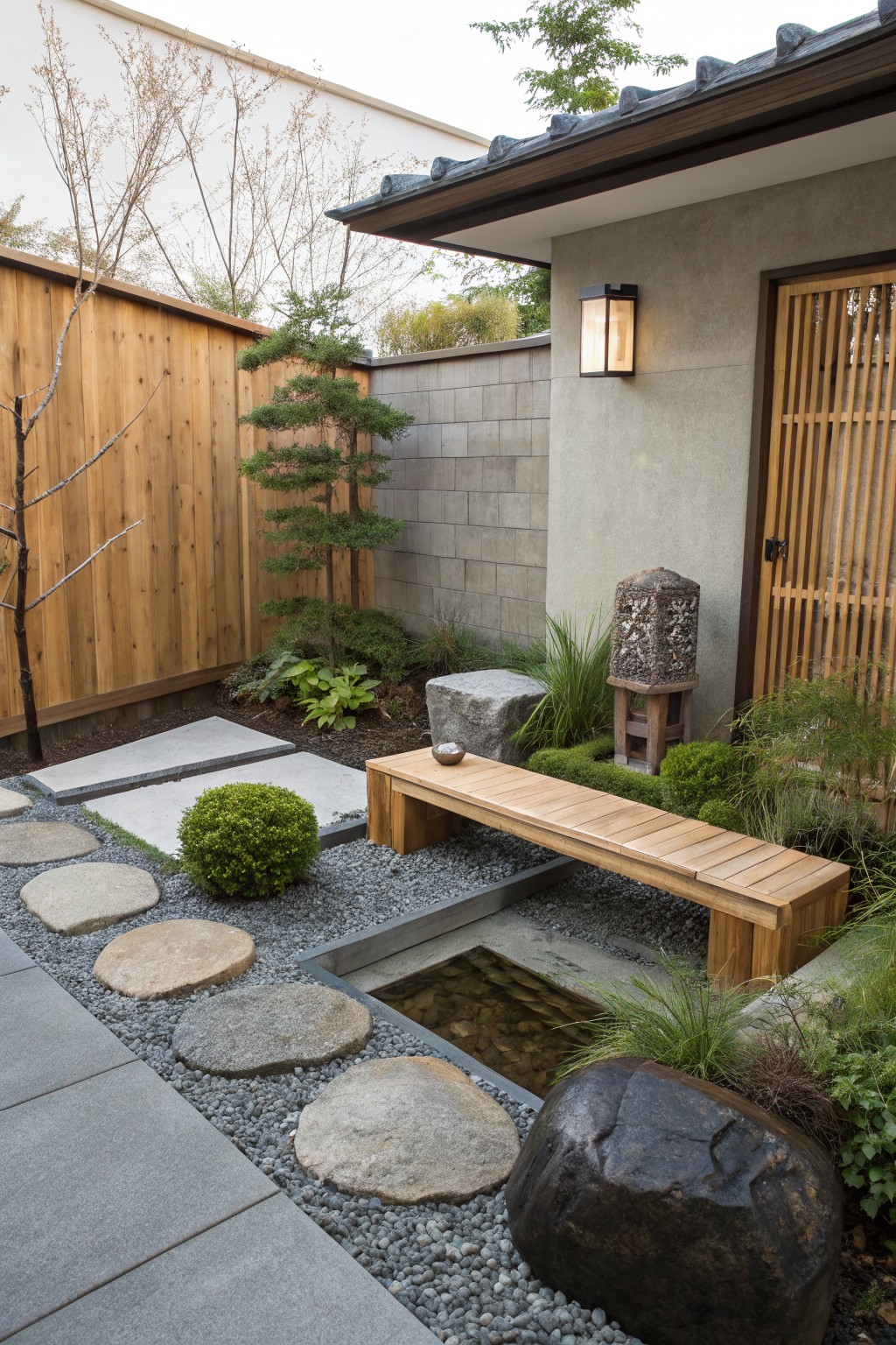 A wooden bench spans a narrow water feature in a small backyard with gravel, stepping stones, and surrounding plants.