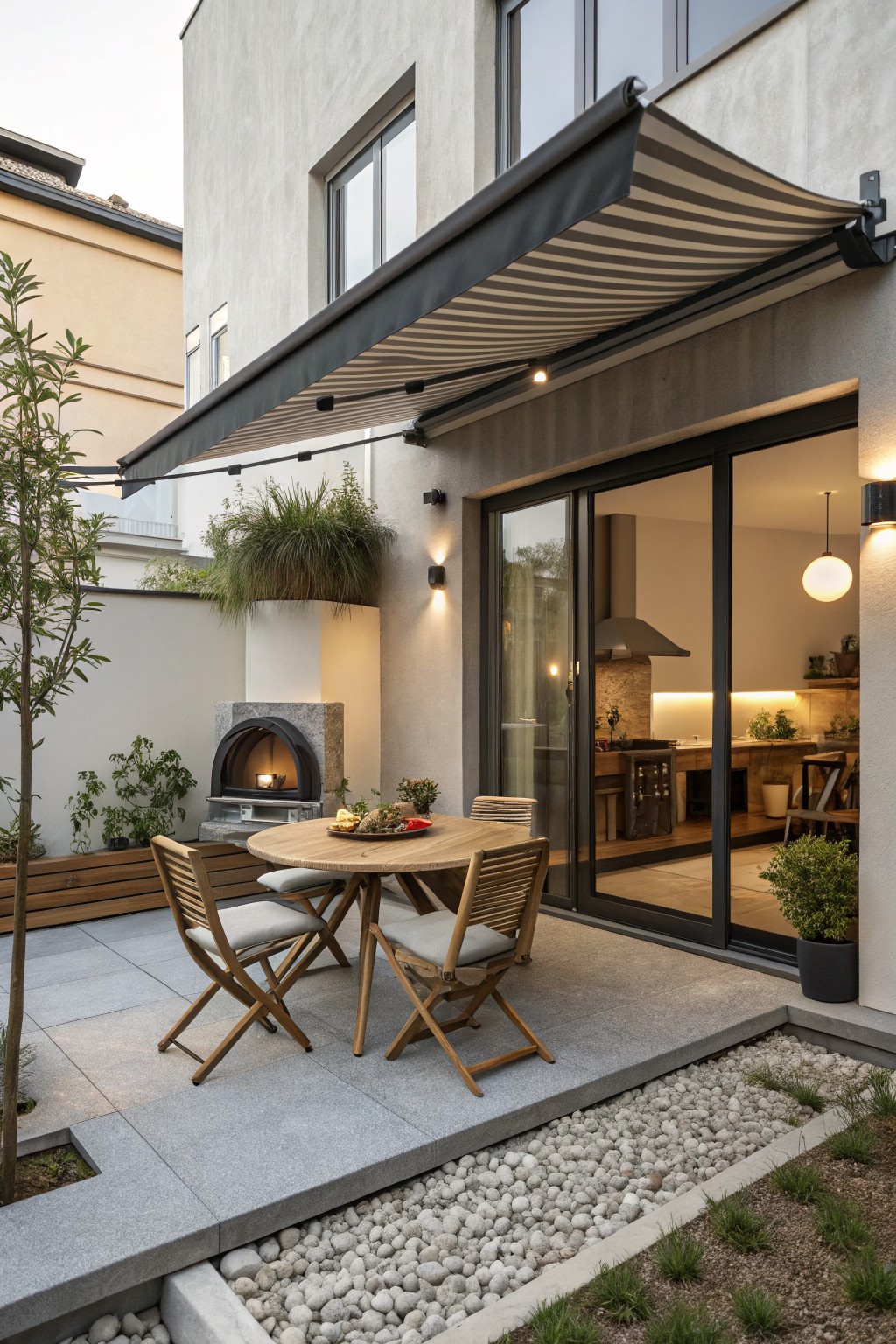 Modern patio with round wooden table, folding chairs, striped awning, and stone oven.