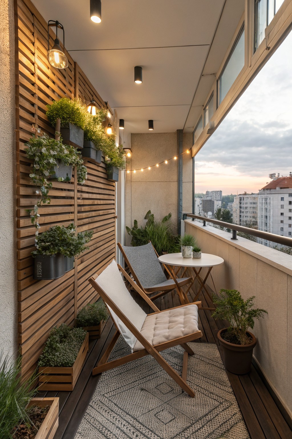 A narrow city balcony with two wooden lounge chairs on a patterned rug, a small round table, and many plants mounted on a wooden slatted wall.