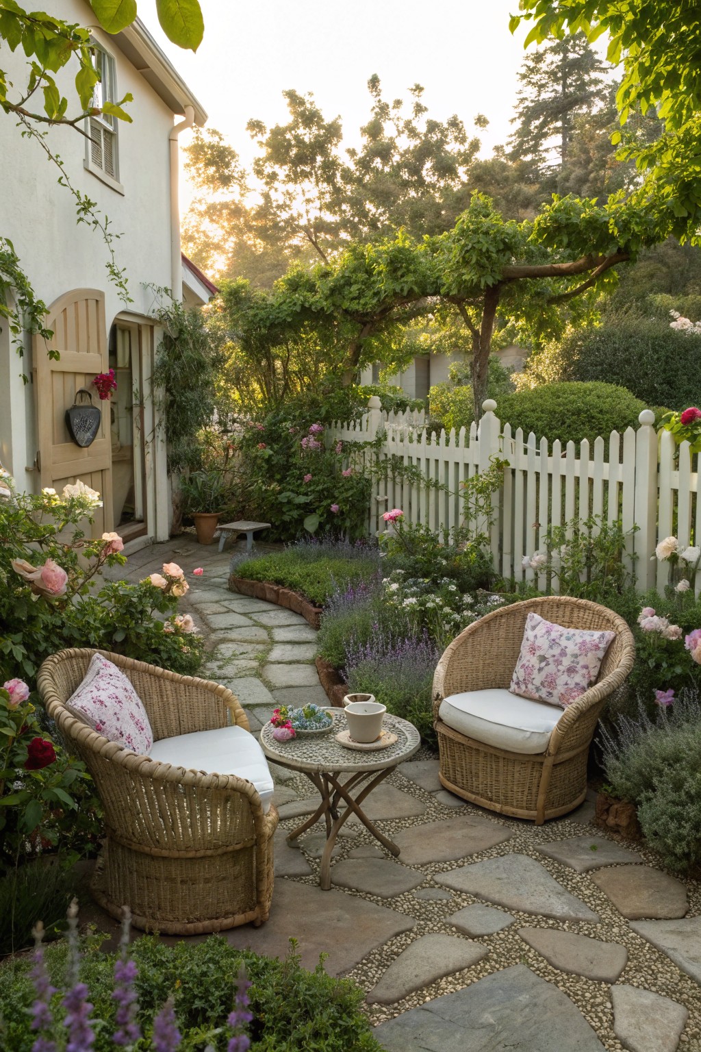 Two wicker chairs with pillows beside a table on a garden stone path.