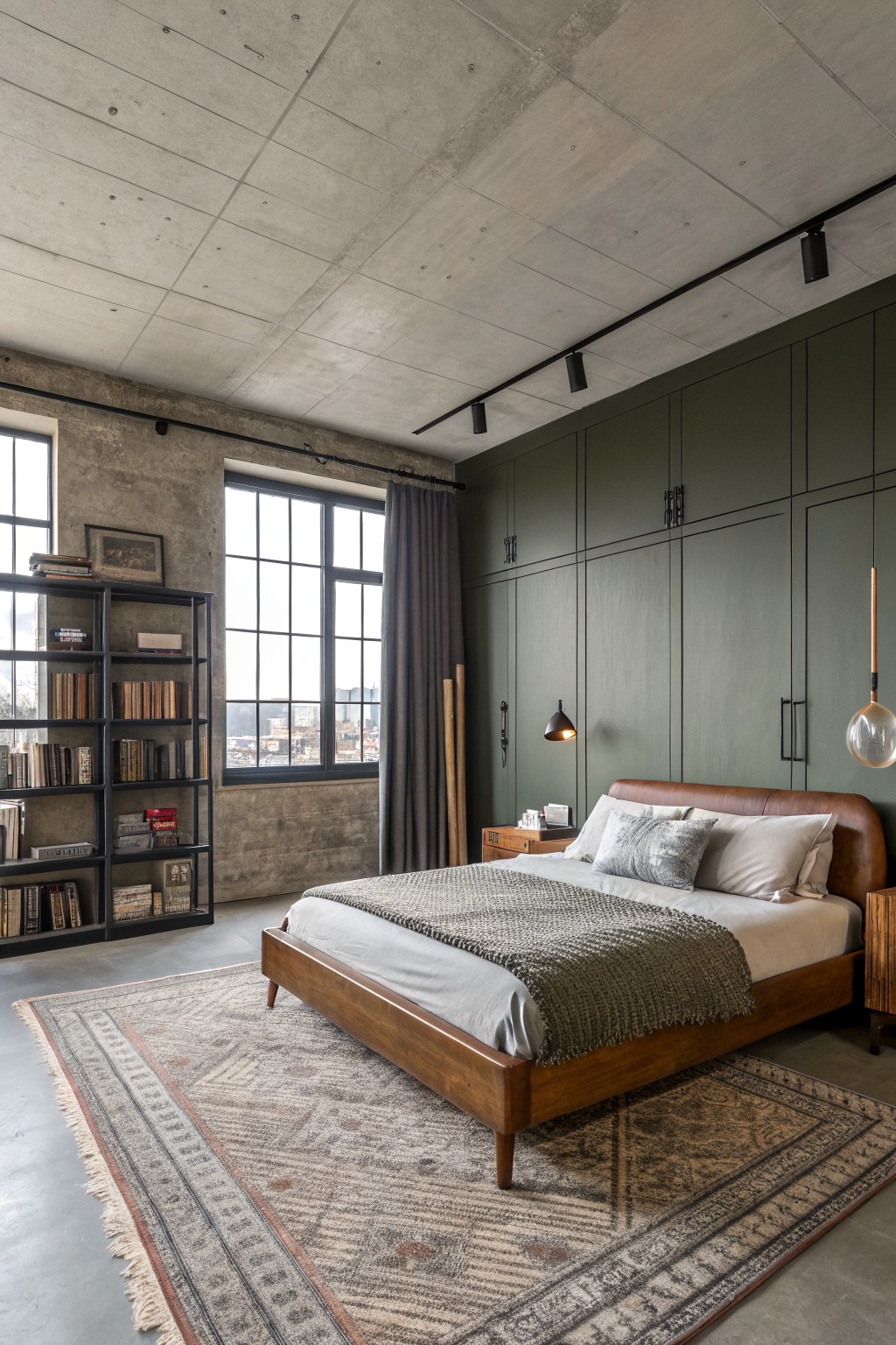 Deep sage green built-in cabinetry covers the wall of a modern bedroom.