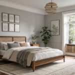 A bedroom with soft greige walls and wood furniture.