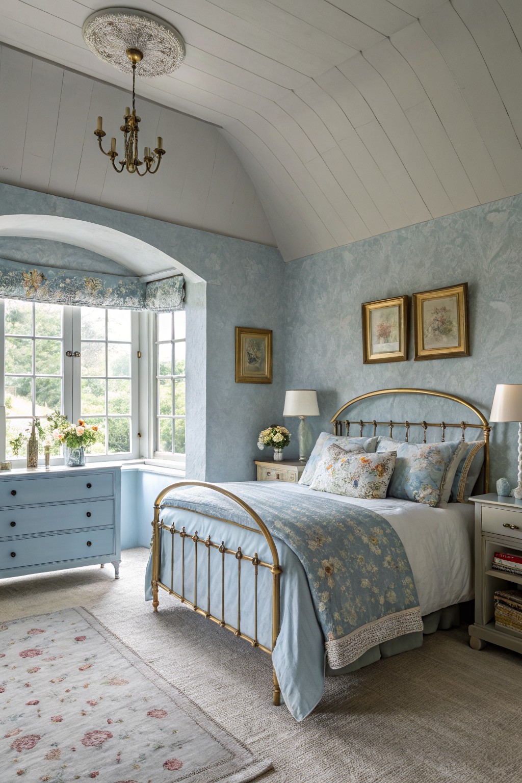 Light blue gray walls in a bedroom with a brass bed frame.