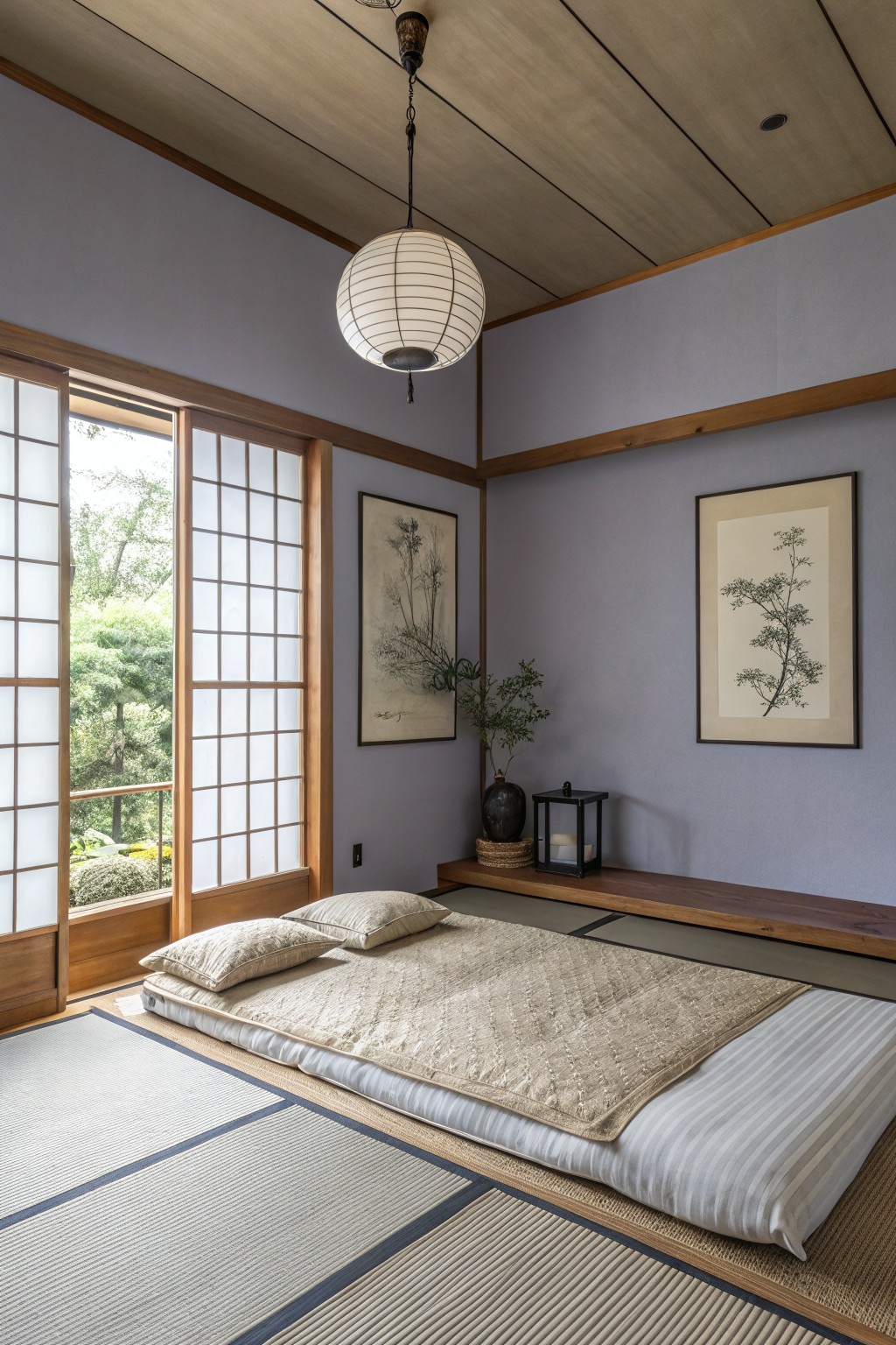 Pale blue gray walls in a traditional bedroom with wood trim and tatami flooring.