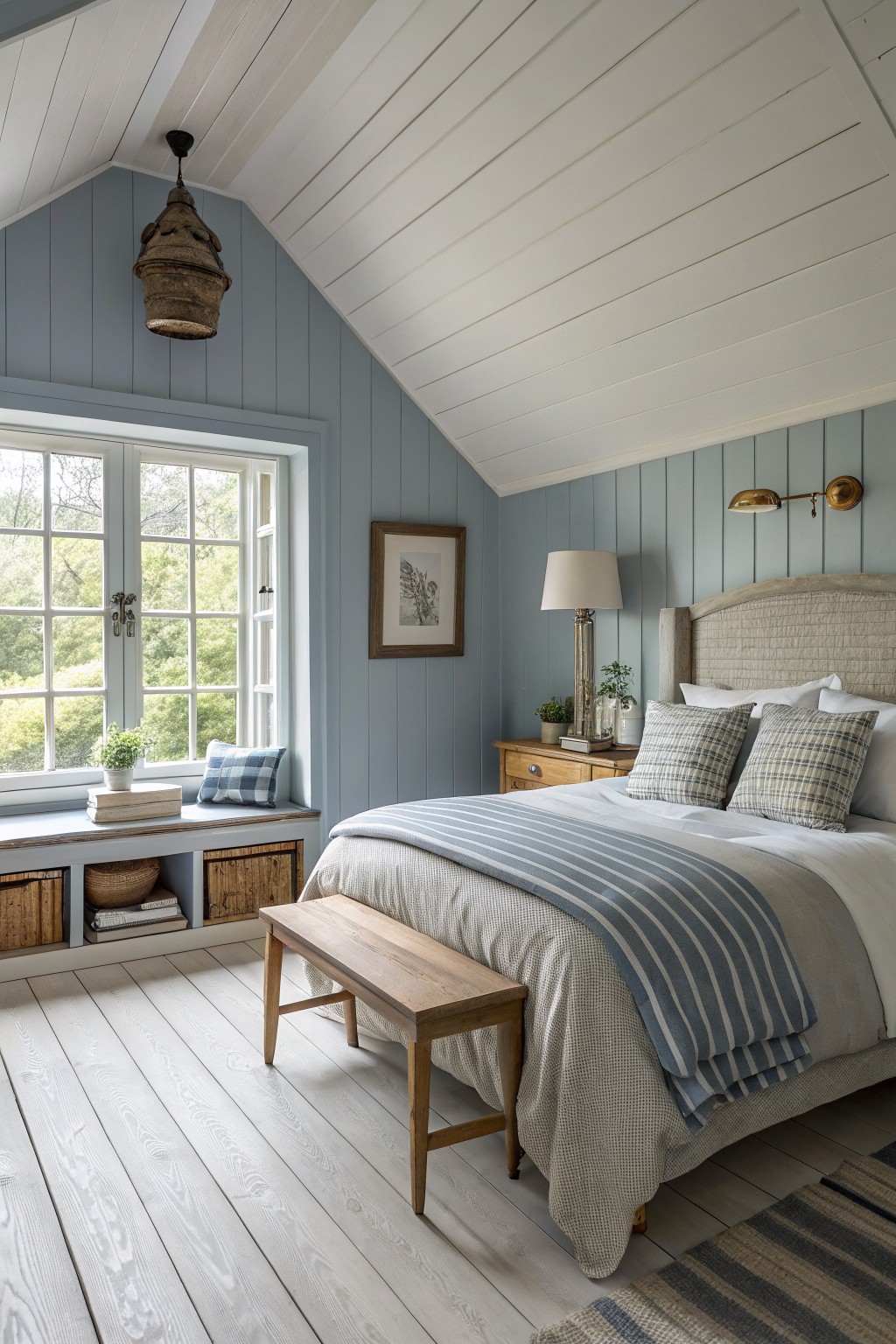 A bedroom with soft blue gray walls and white trim.