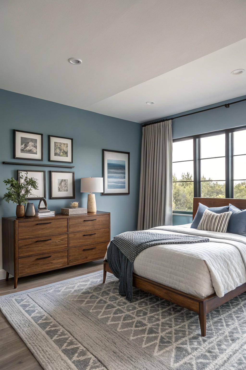 Bedroom walls painted in a soft blue gray color.