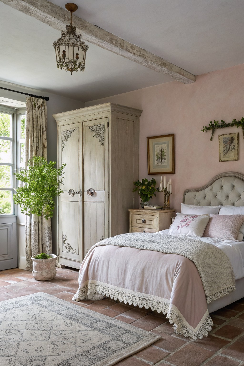Pale blush pink walls in a bedroom with a white wardrobe and terracotta tile floor.