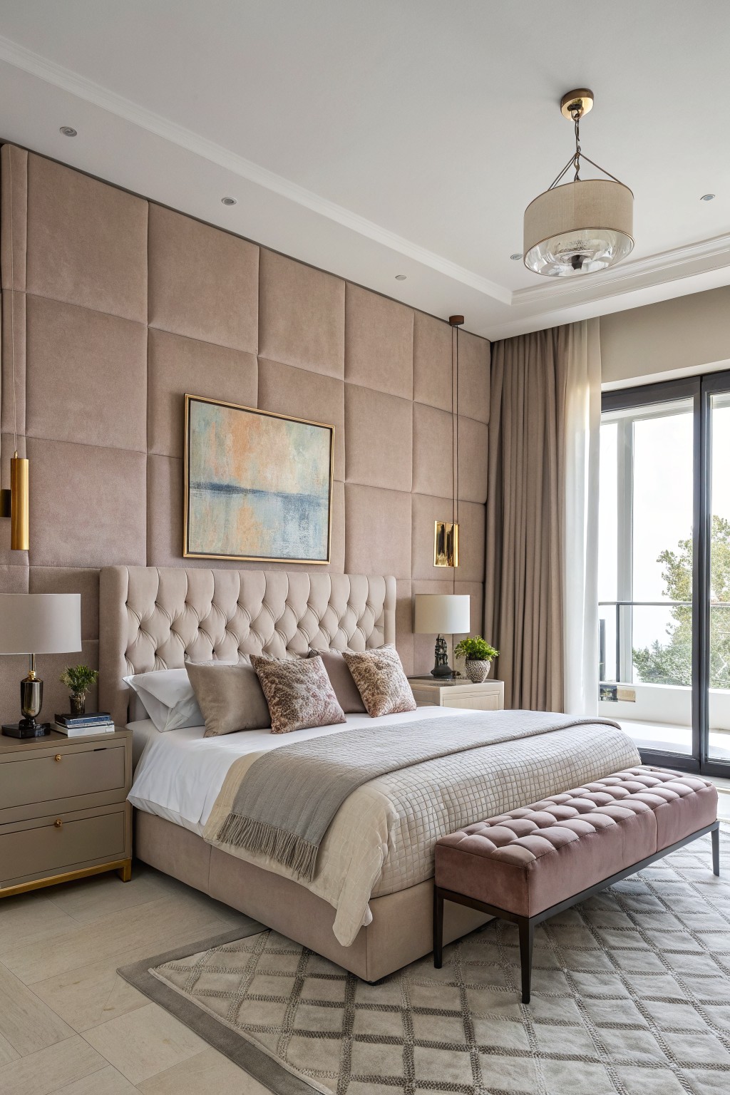 A bedroom with soft greige upholstered walls behind a large bed.
