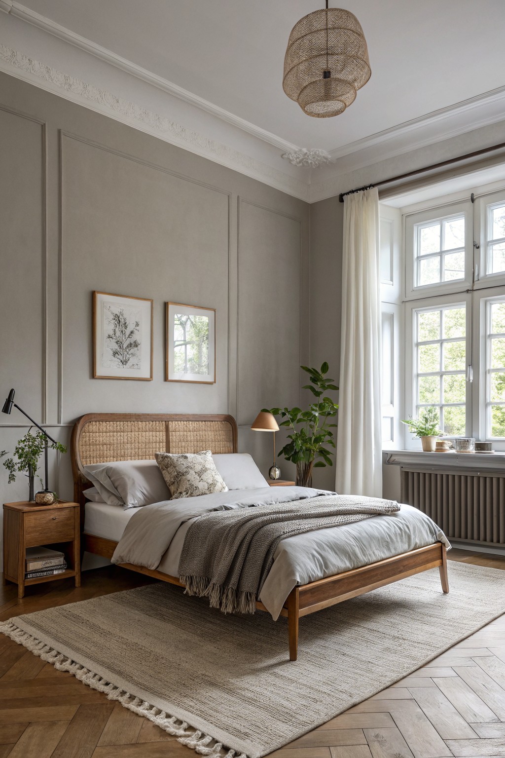 A bedroom with soft greige walls and wood furniture.