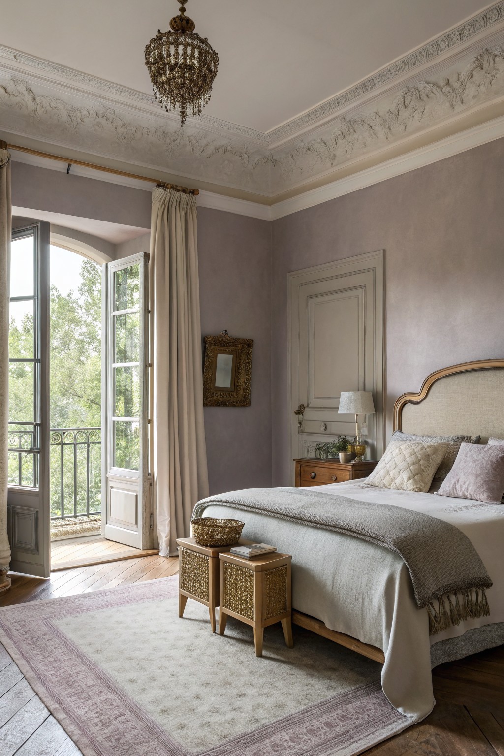 A bedroom with soft lavender gray walls and tall French doors opening to trees.