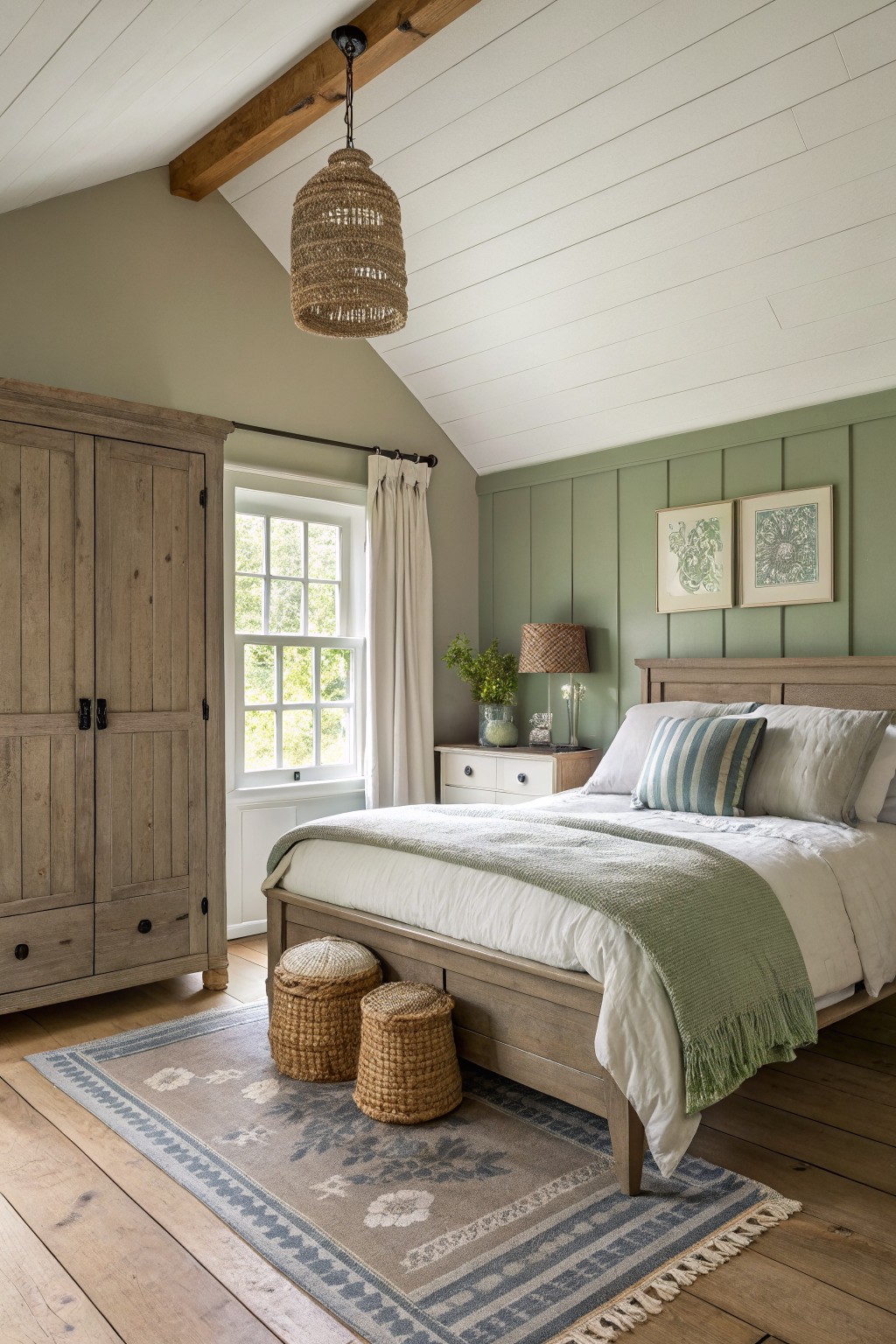 A bedroom with soft sage green walls and wood flooring.