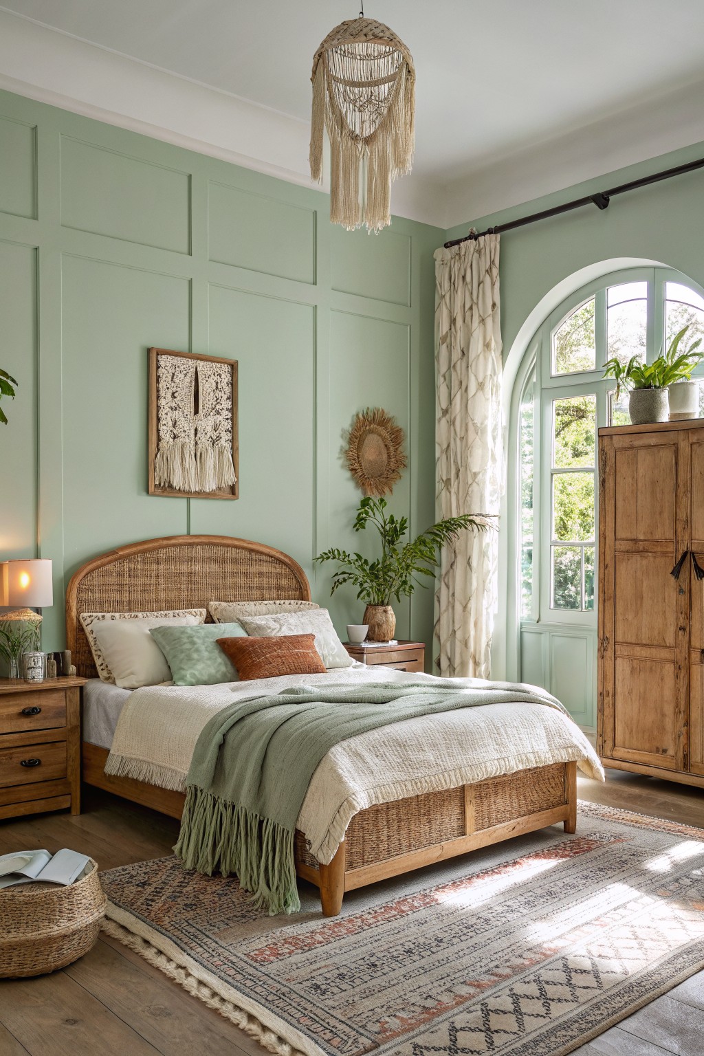 A bedroom with soft sage green walls and a wooden bed.