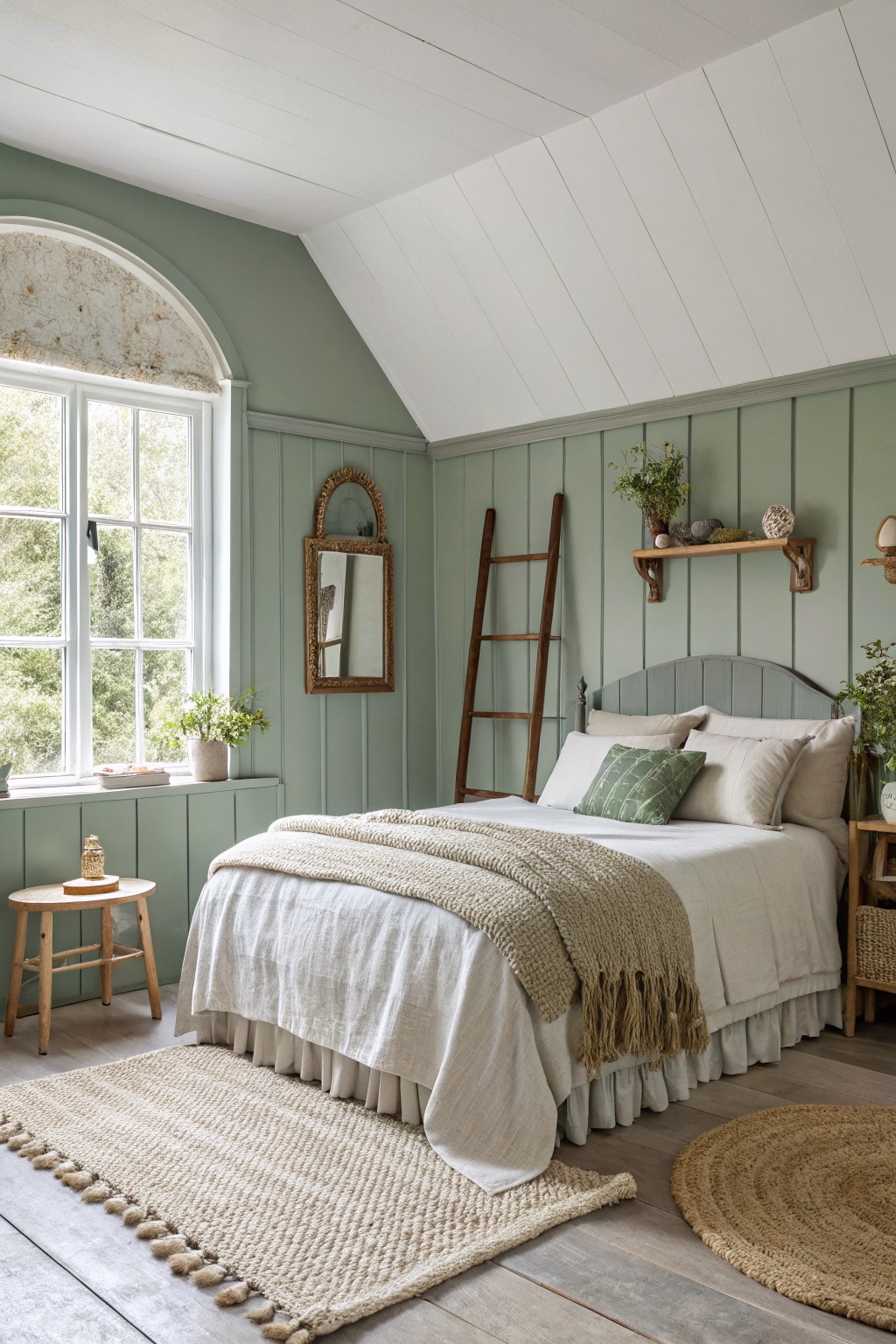 Bedroom walls painted in a soft sage green with white trim.