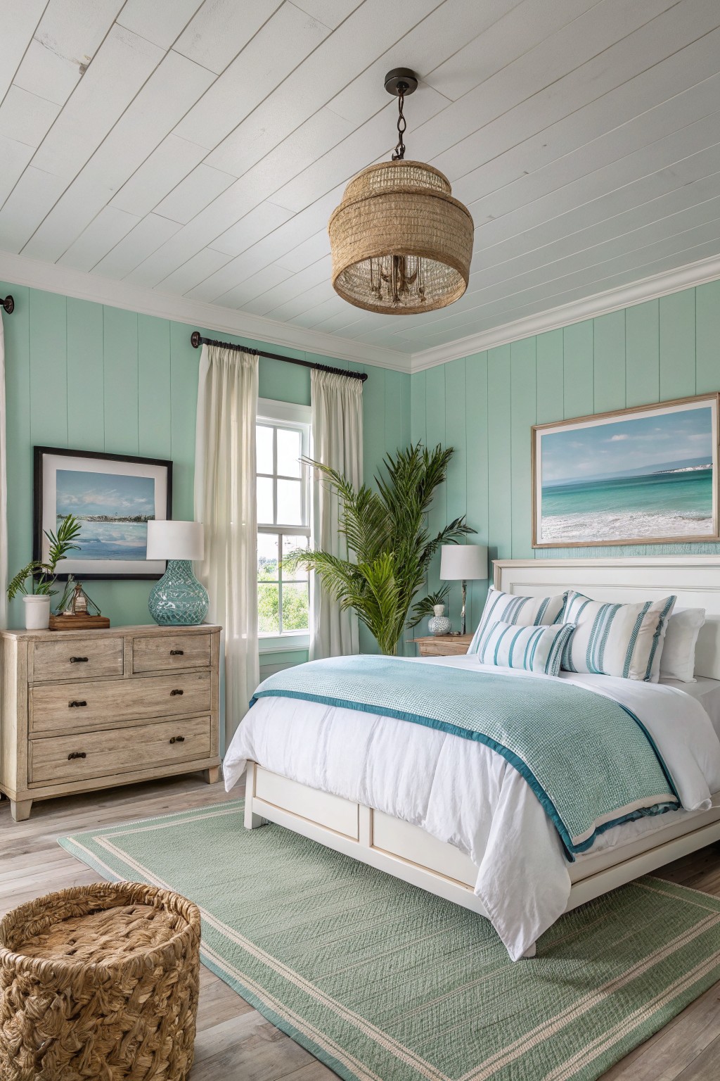 Coastal bedroom with mint green walls, white bed, woven chandelier, and beach art