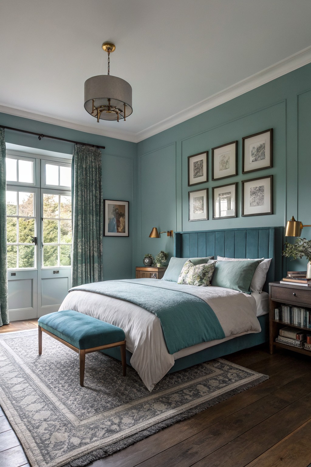 A bedroom with muted teal walls and a teal upholstered bed.