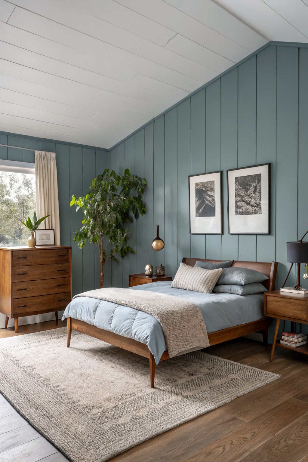 A bedroom with soft teal walls and a wooden bed frame.