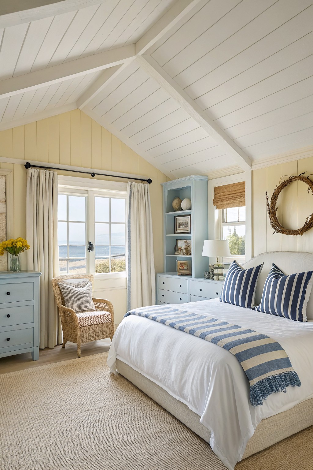 A bedroom with soft pale yellow walls and white trim.