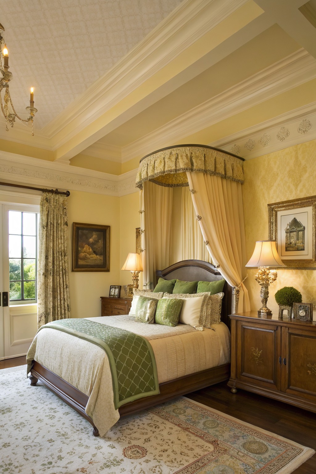 Bedroom walls painted a soft warm yellow with white trim and dark wood furniture.