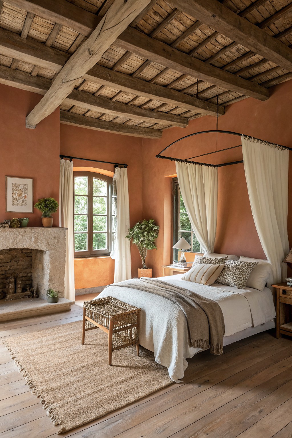 A bedroom with warm terracotta walls and exposed wood ceiling beams.