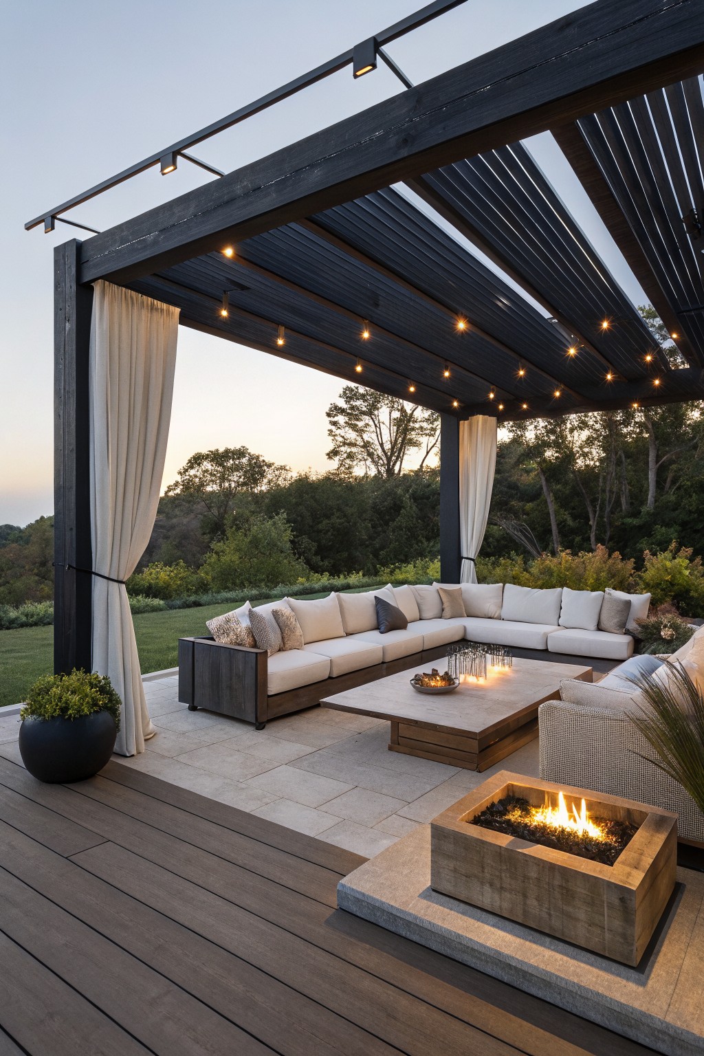 Outdoor pergola with white curtains hung on the sides, a large sectional sofa, coffee table, and fire pit on a stone patio.