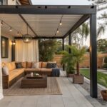Modern outdoor patio with wooden sofa, white curtains, hanging lights, and sunset view