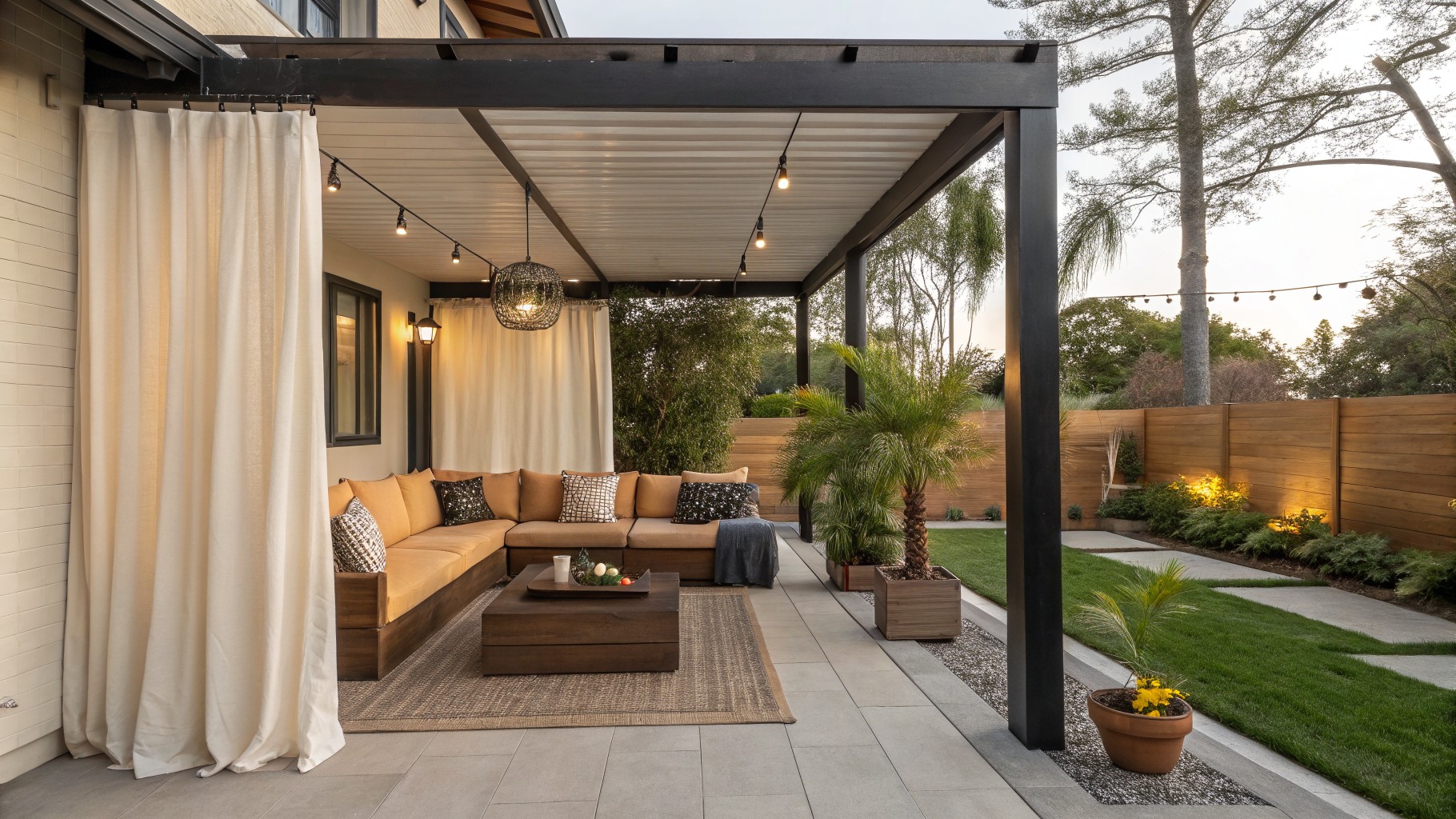 Modern outdoor patio with wooden sofa, white curtains, hanging lights, and sunset view
