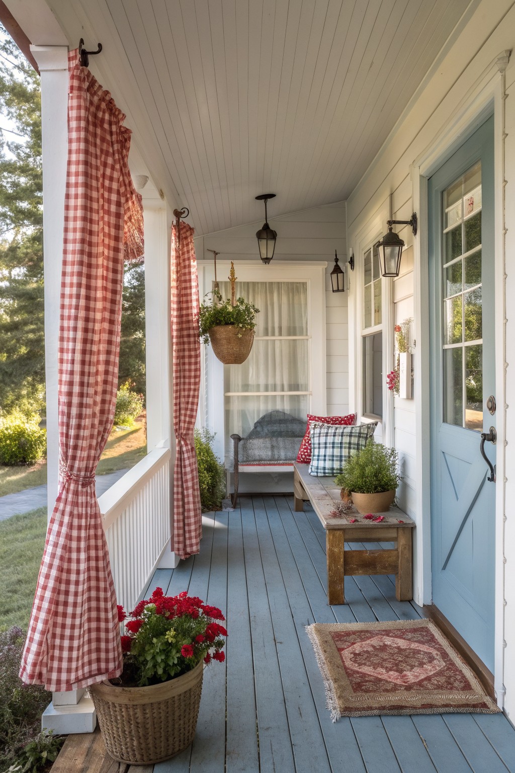 A covered porch with blue painted floorboards shows red and white gingham curtains tied back on the left, a wooden bench with pillows, potted flowers, and a light blue door on the right.