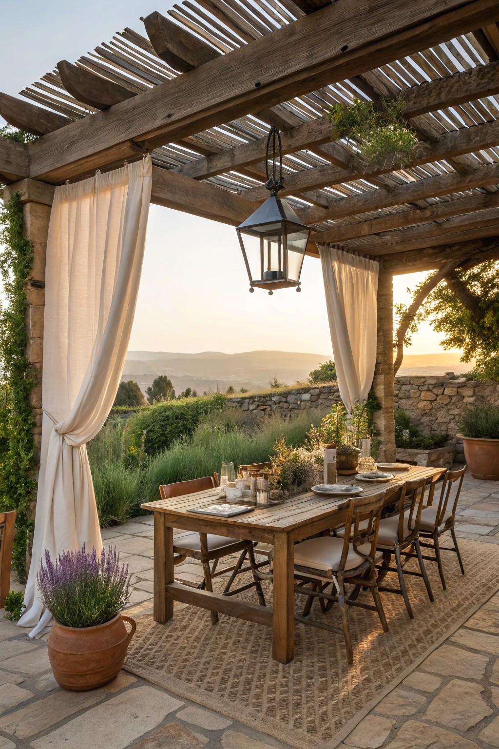A wooden pergola with white fabric curtains tied back around a long dining table on a stone patio overlooking hills at sunset.