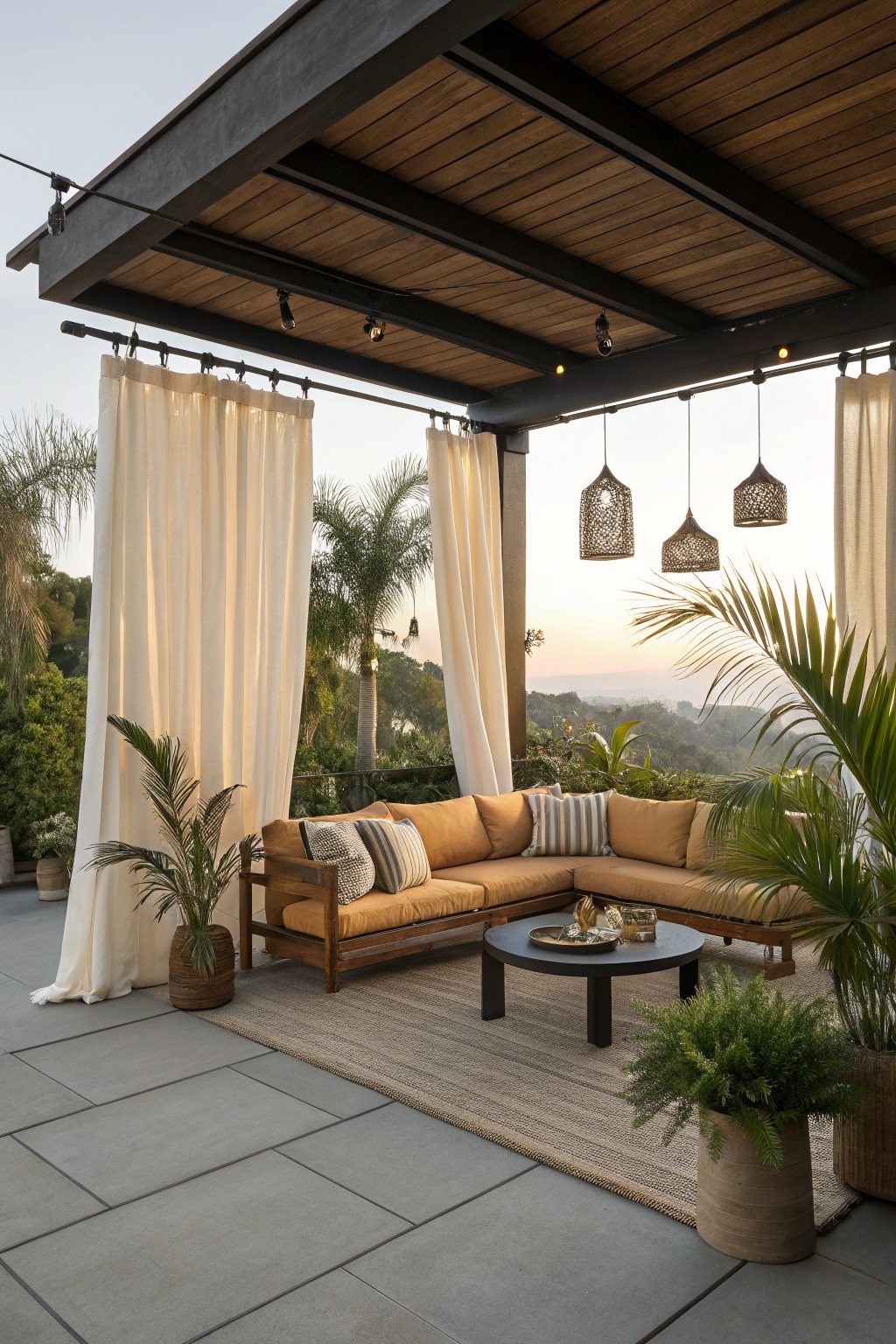 Modern outdoor patio with wooden sofa, white curtains, hanging lights, and sunset view