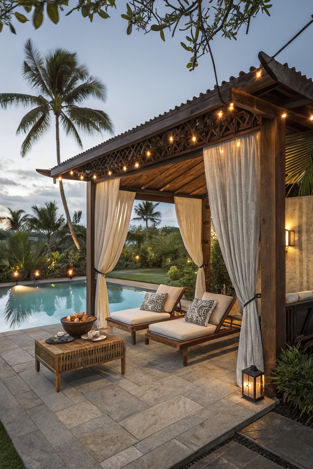 Wooden pergola with light fabric curtains, lounge chairs, and string lights beside a pool at dusk.